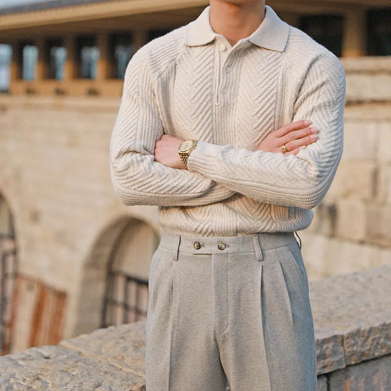 Men's thickened warm base sweater with stand collar and lapel in apricot colour