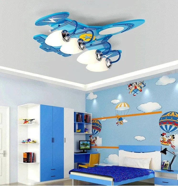 Children's cartoon airplane ceiling light with wood art construction and rectangular glass shade