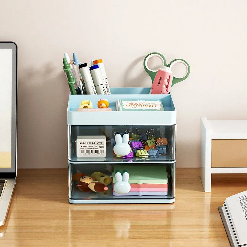 Transparent drawer desktop storage organiser box with internal partitions in pink colour