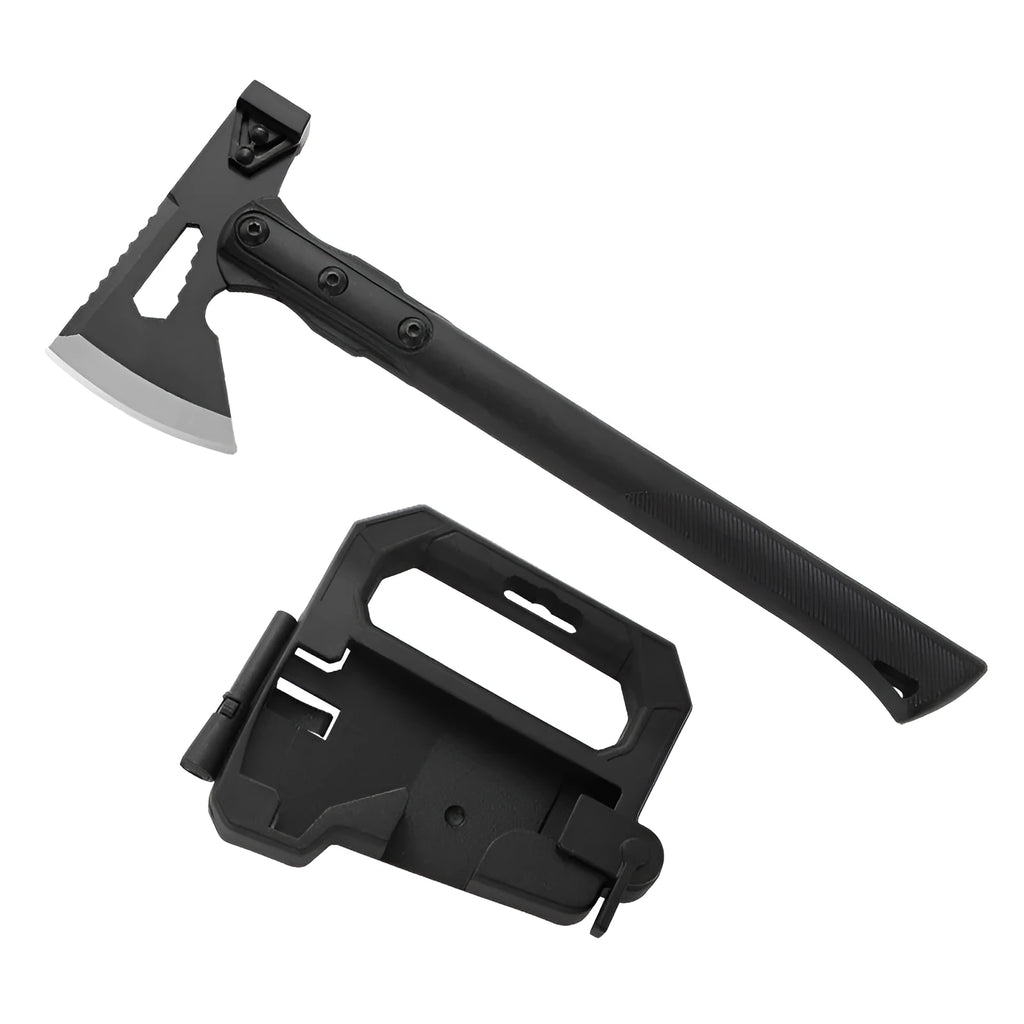 Stainless steel multi-functional camping axe with ABS plastic handle measuring 40cm