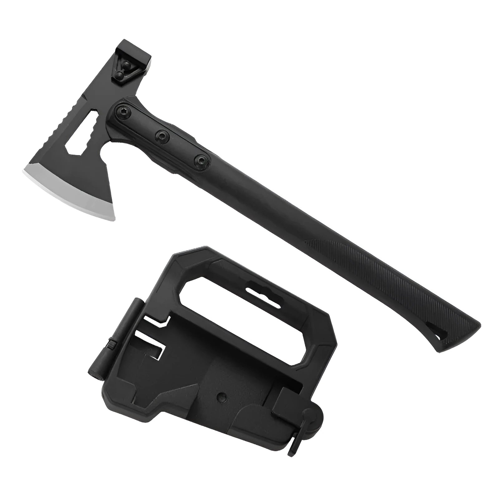Stainless steel multi-functional camping axe with ABS plastic handle measuring 40cm