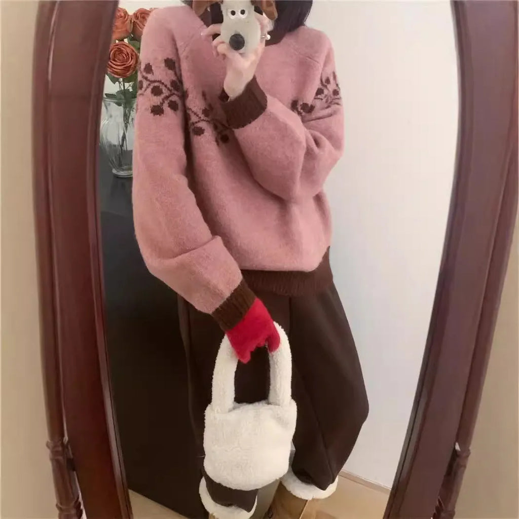 Korean style round neck jacquard colour-matched loose fit sweater in apricot, gray, and brown colourways