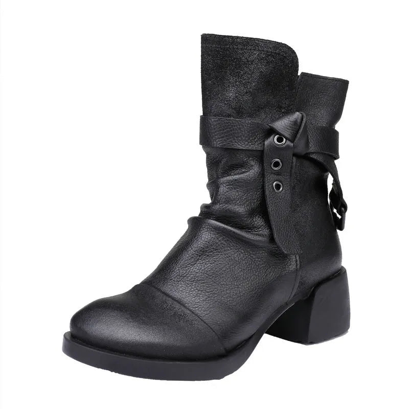 Women's black retro ankle boots with chunky heel and round toe