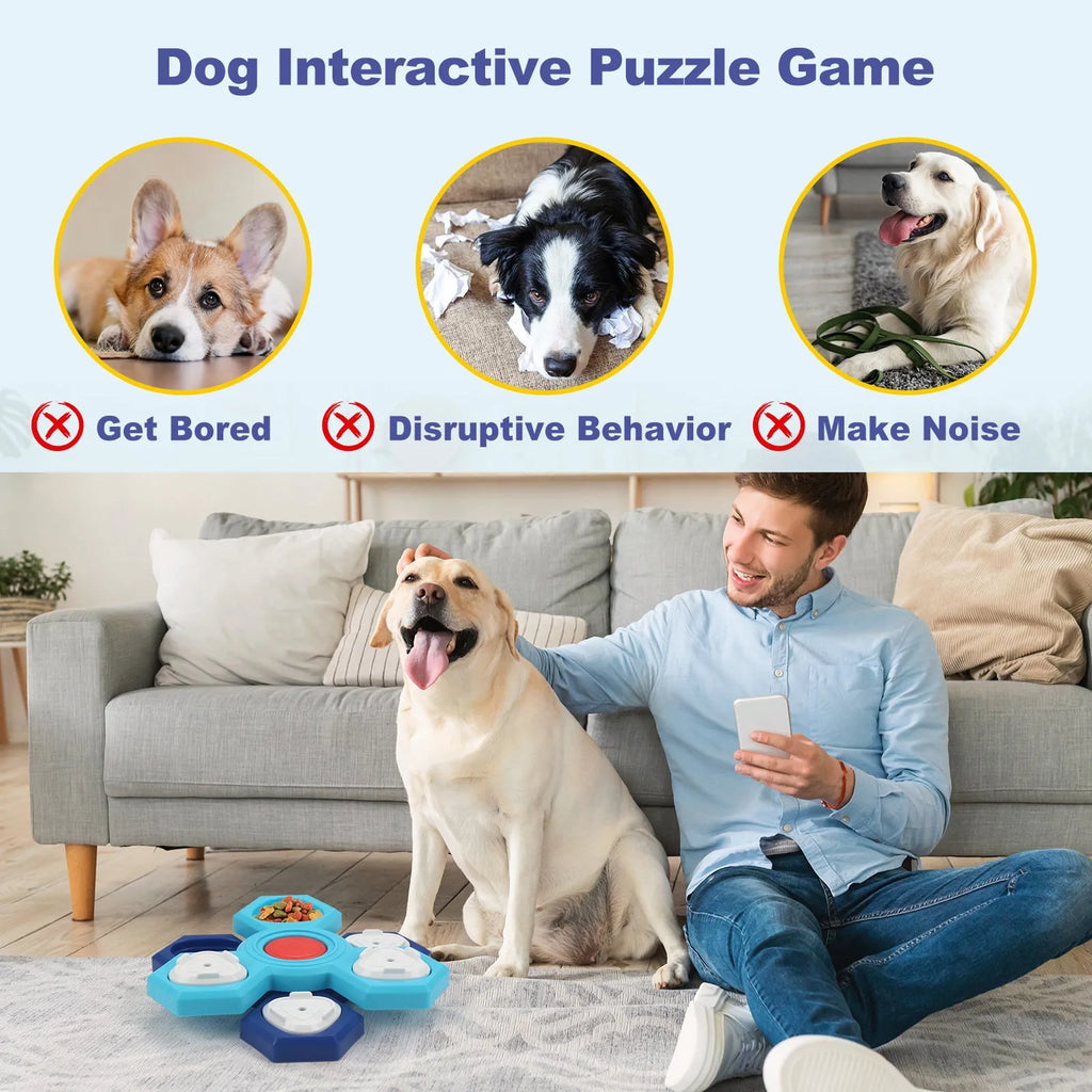 Blue plastic 4-layer slow feeder puzzle dog bowl with non-slip base assembled on a flat surface