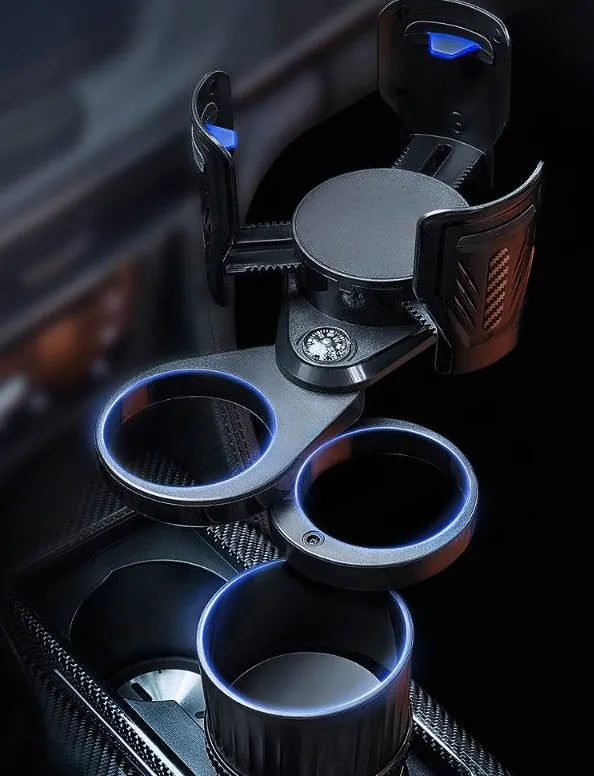 Black ABS plastic car dashboard cup holder with a retractable base shown in extended and retracted positions.
