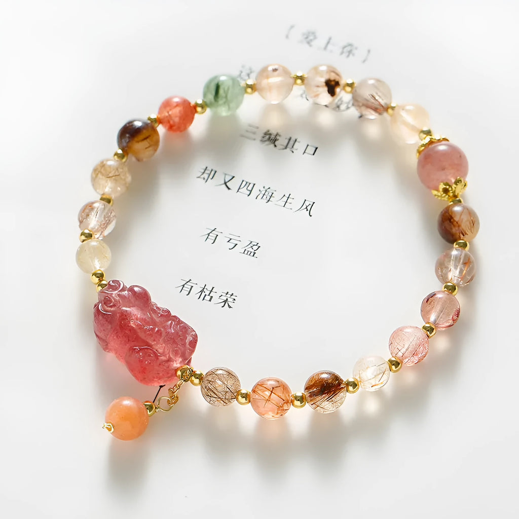 Strawberry quartz and copper bracelet with pearl accents in Chinese natural style for women