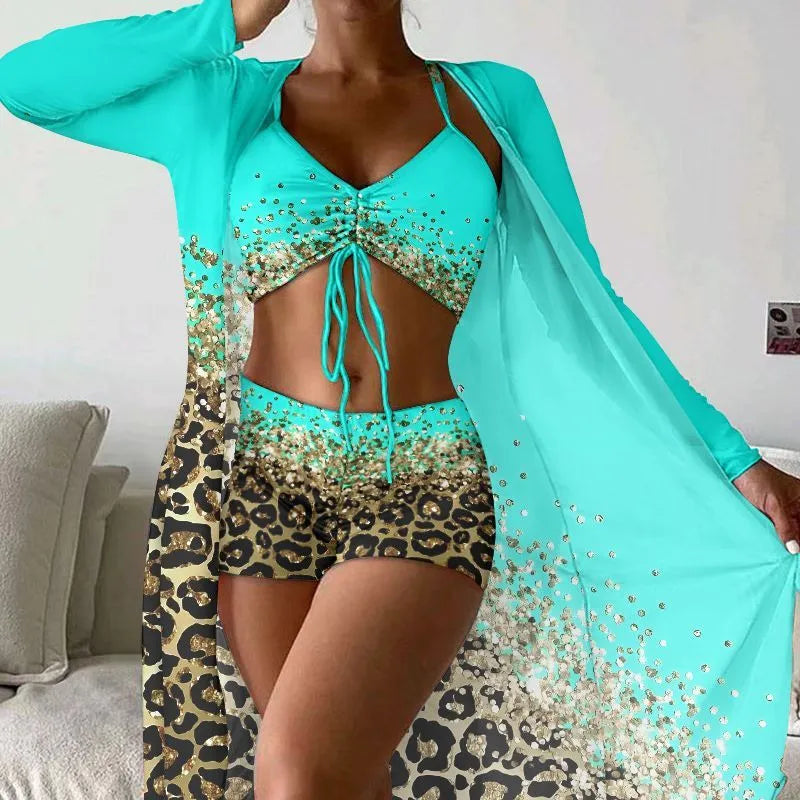 Women's three-piece swimsuit set with high waist shorts and matching coat in polyester fabric