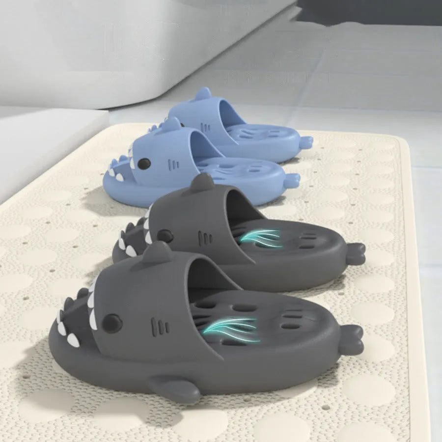 Shark slippers with drain holes, EVA quick-drying pool slides, non-slip sole, open-toe design, unisex shower shoes