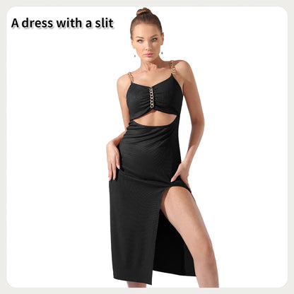 Women's halter sleeveless split dress in black, reddish brown, and peacock blue