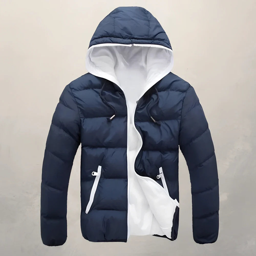 Blue hooded men's jacket with zipper, cotton filling, side pockets, M size 60 cm length and 104 cm bust