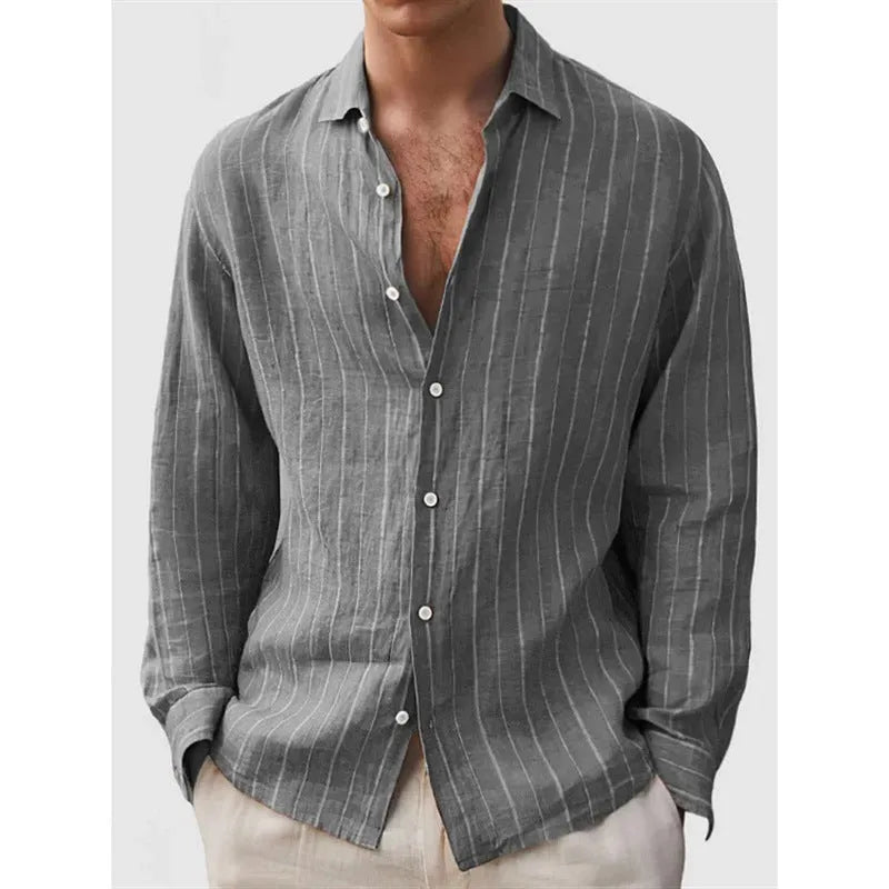 Men's loose fit striped cardigan style shirt in polyester for leisure wear