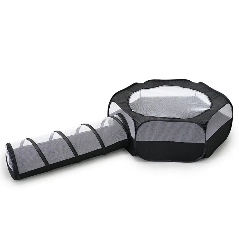 Grey foldable 30cm cat tunnel made of polyester, shown with a tent section and tunnel opening for indoor play