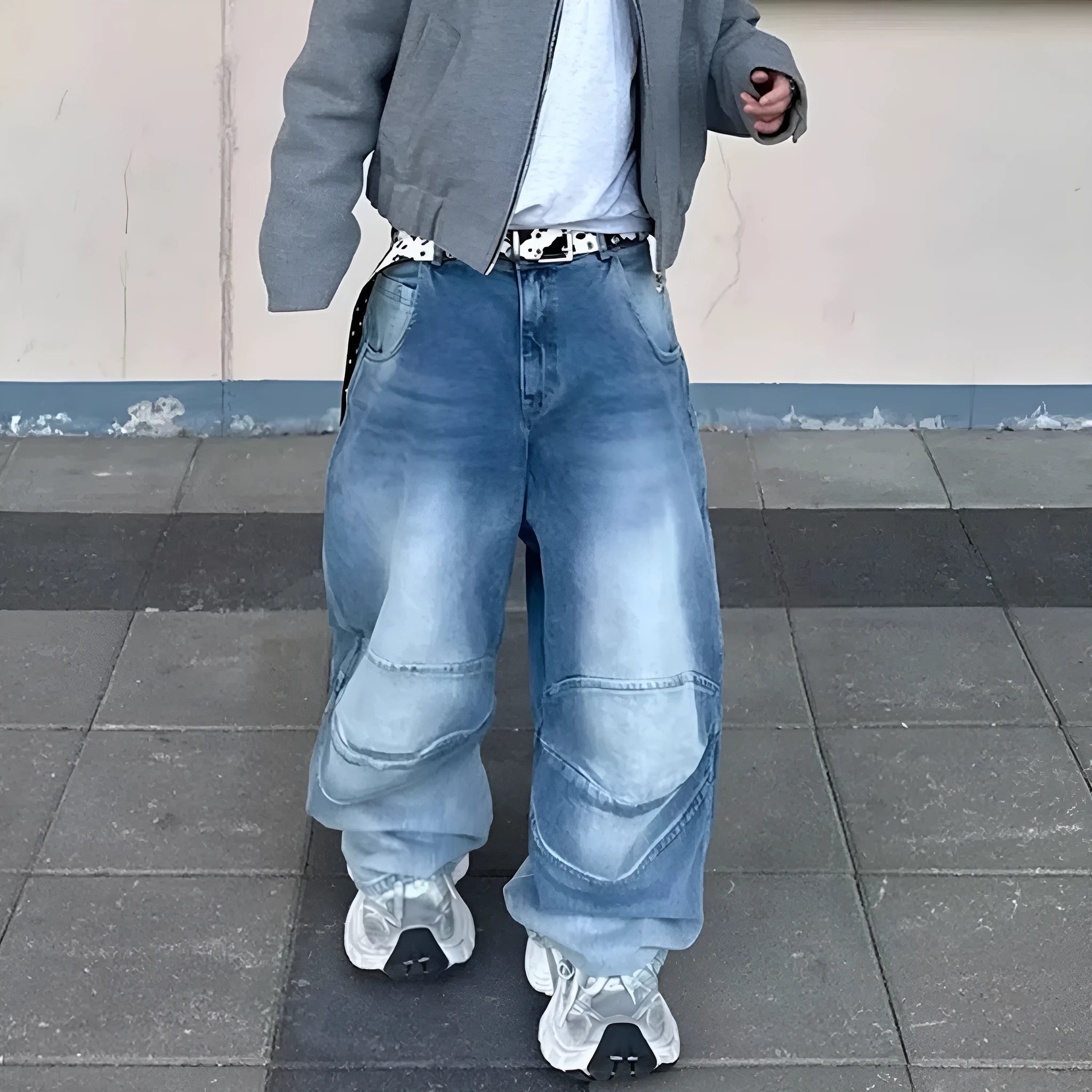 Men's blue profile pleated baggy jeans with straight-leg cut and zip fly