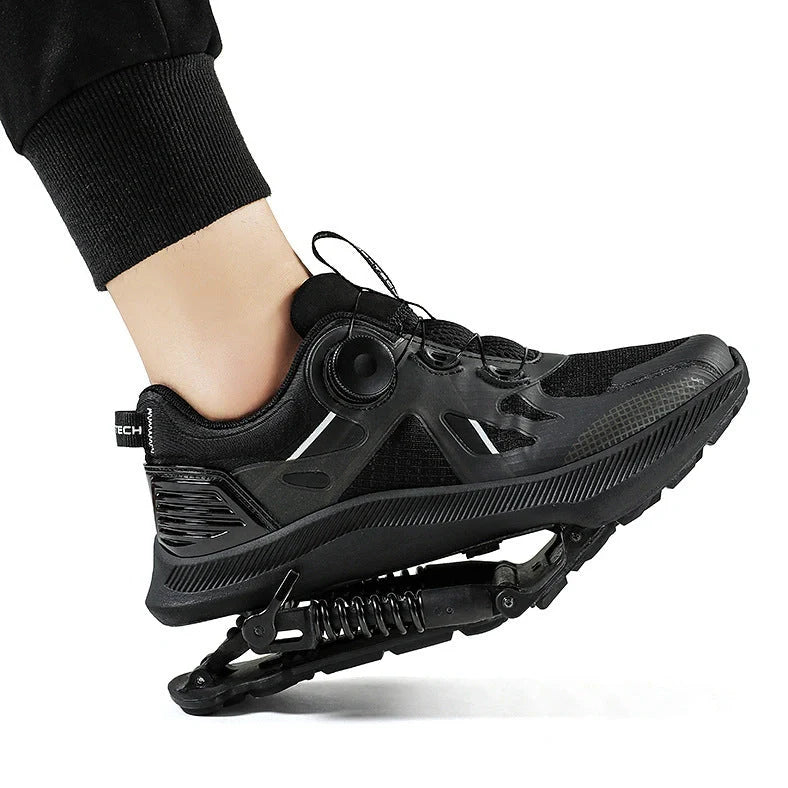 Black mechanical power running shoes with mesh upper and rubber sole showing buckle closure system
