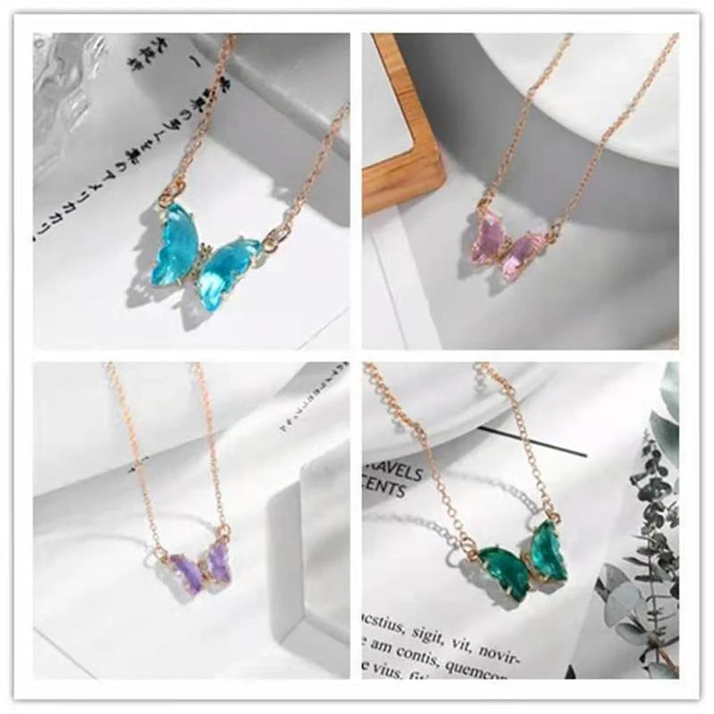 Glass Crystal Butterfly Necklace with adjustable water wave chain in blue, purple, light blue, and pink