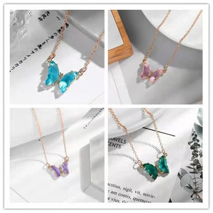 Glass Crystal Butterfly Necklace with adjustable water wave chain in blue, purple, light blue, and pink