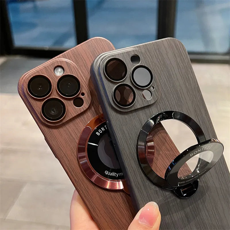 Walnut wood grain PC phone case with magnetic bracket for Apple iPhone 12 13 14 series shockproof and anti-fall