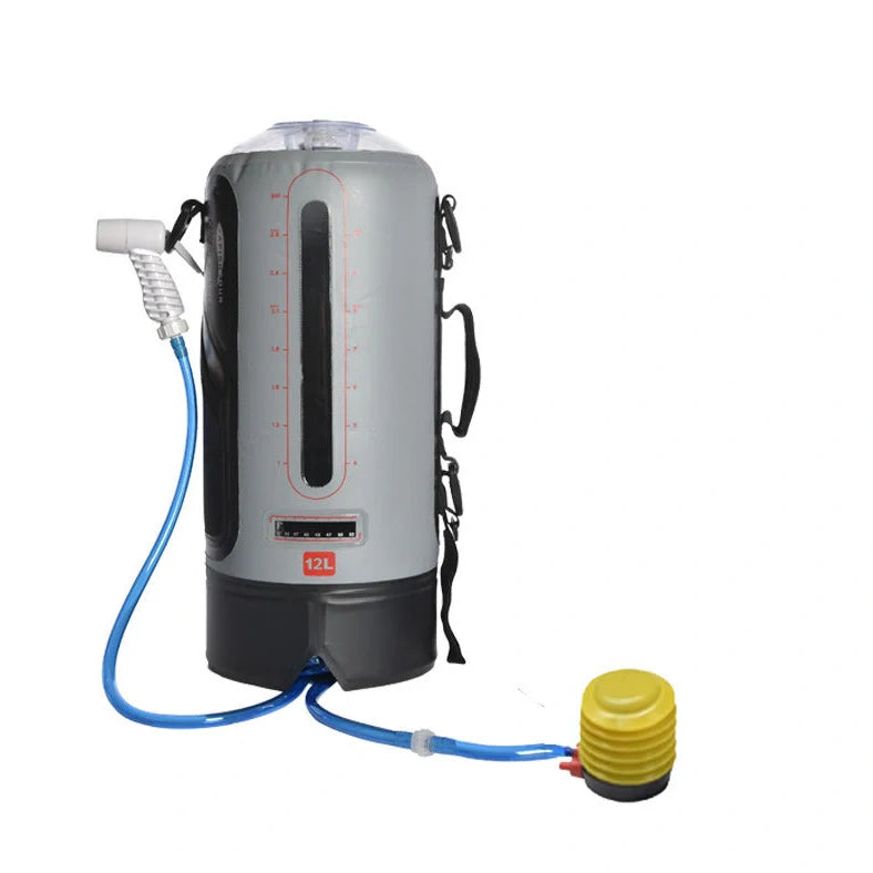 12L PVC solar shower bag with 43cm height and 17cm diameter for outdoor washing, providing portable hot water heating for camping and mountaineering activities with grey waterproof construction