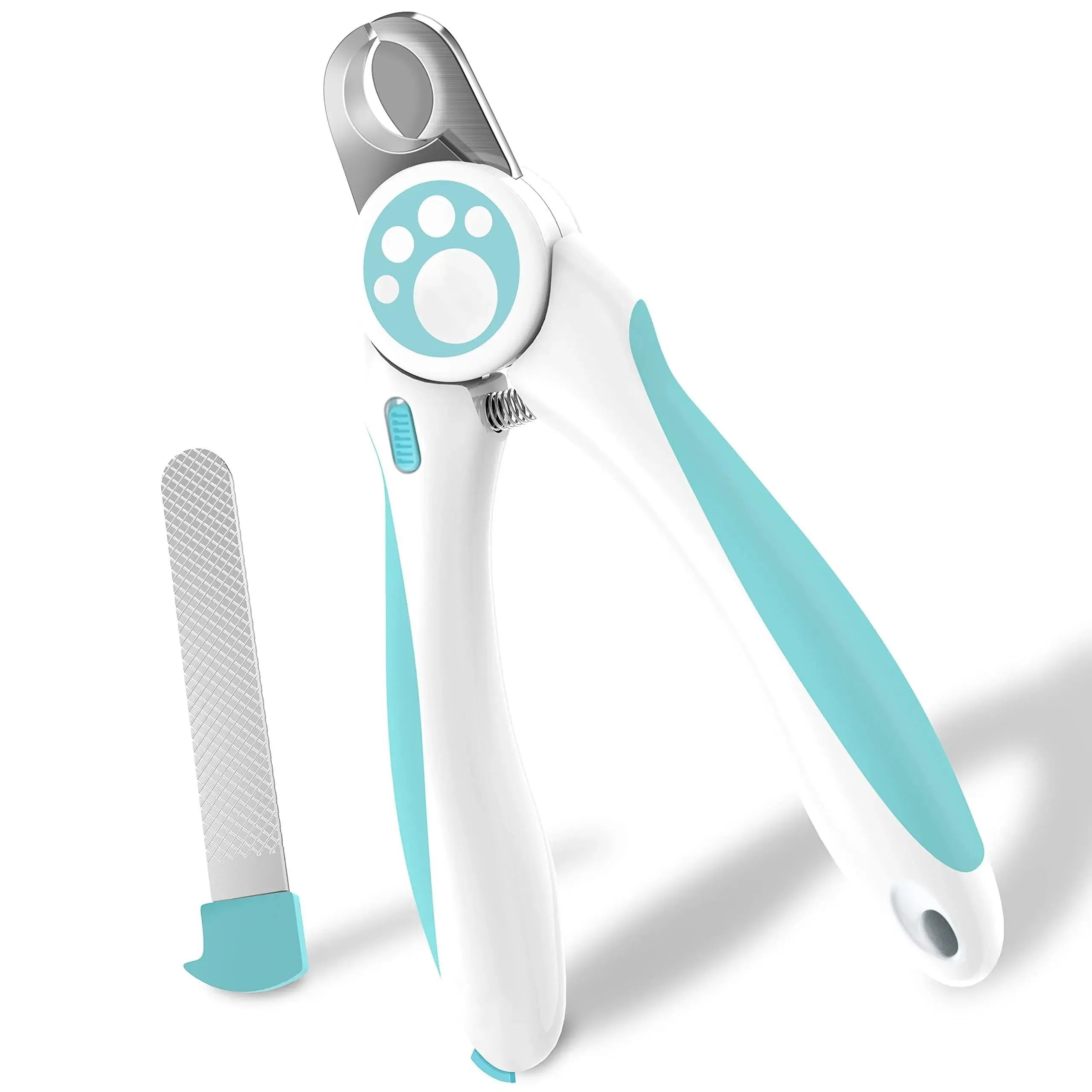 Blue and white pet nail clipper with safety lock, shown with a separate nail file.