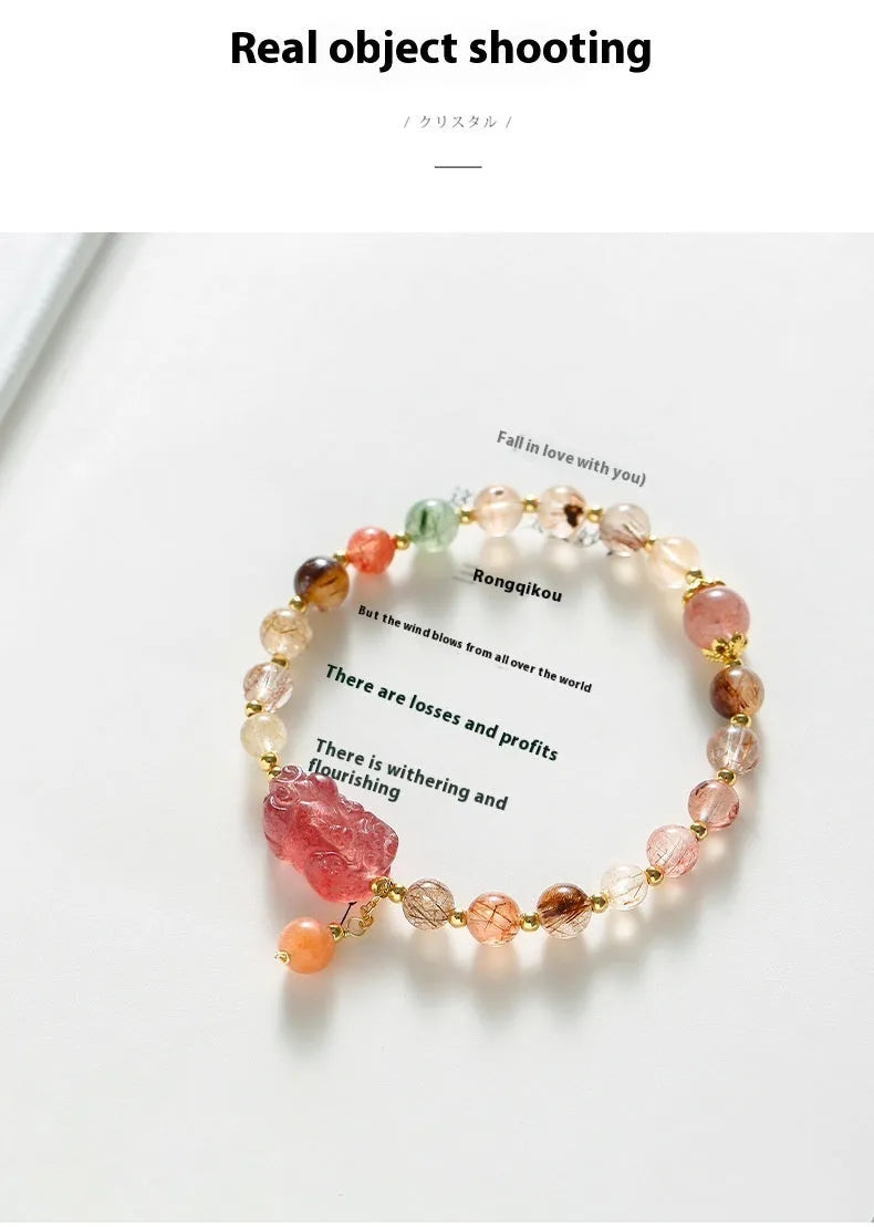 Strawberry quartz and copper bracelet with pearl accents in Chinese natural style for women