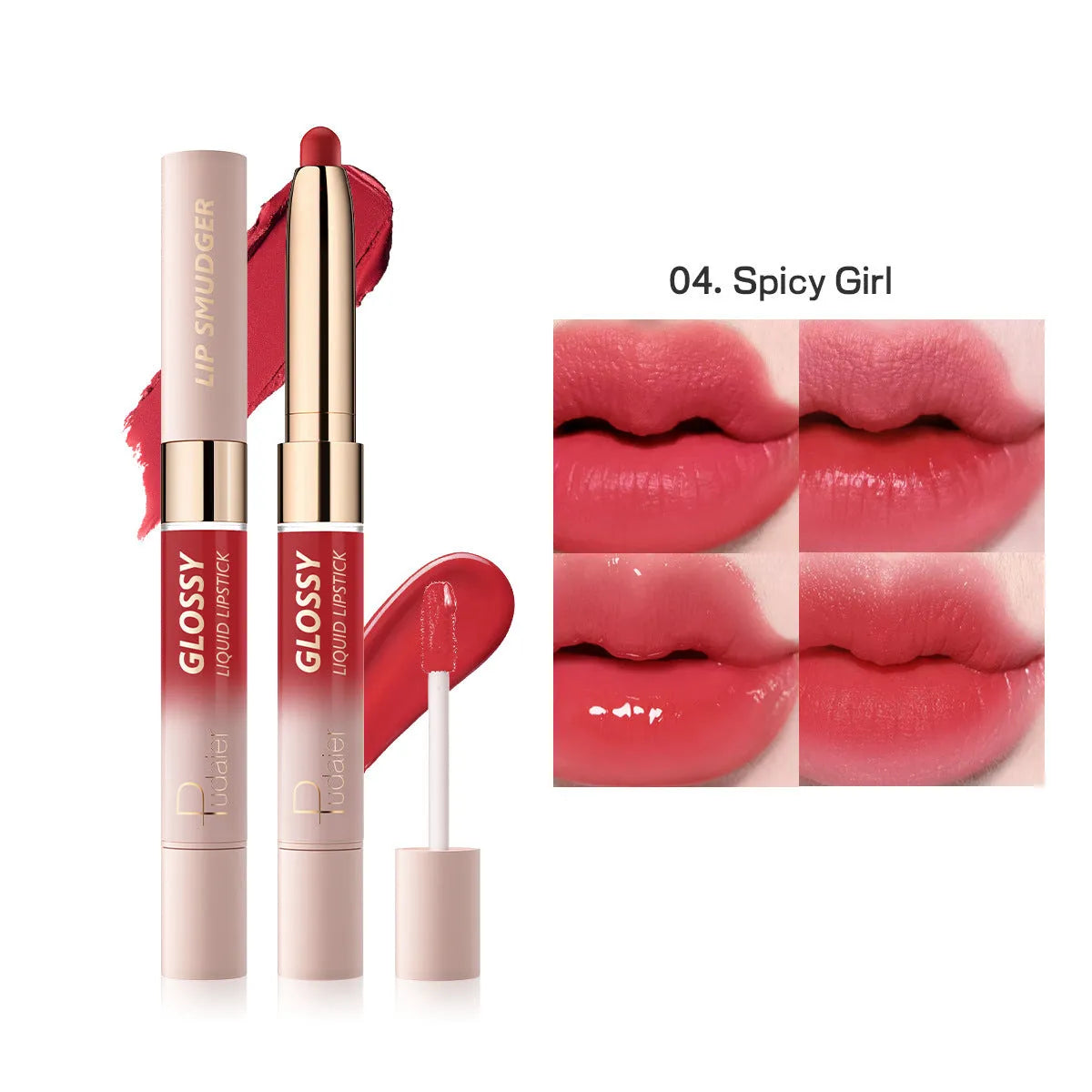 Double-ended lipstick and lip gloss set showing matte and glossy ends in one of ten available colour shades