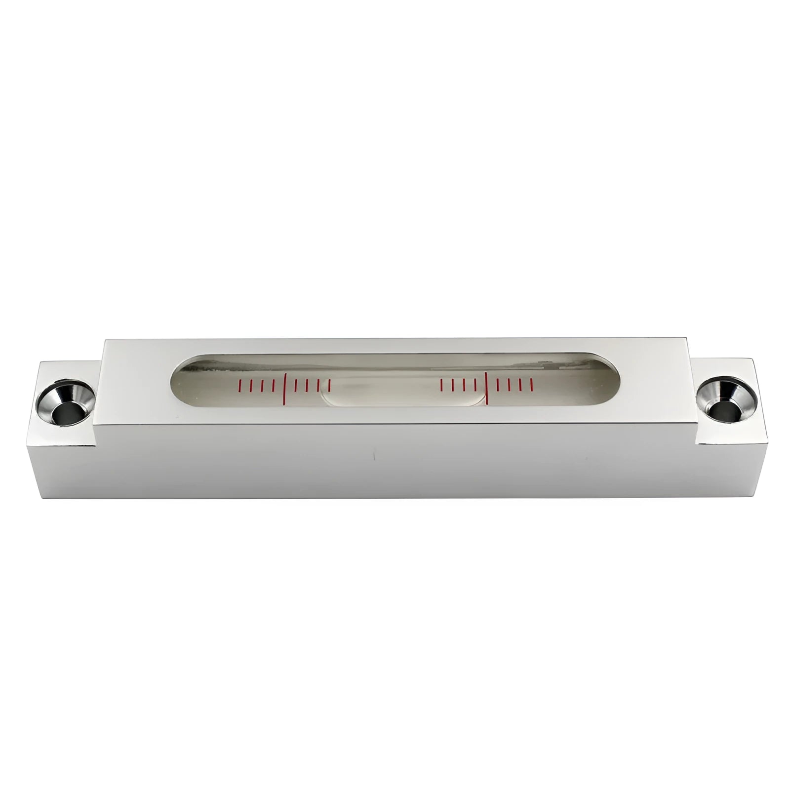 Close-up of a small metal and glass mini strip level showing bubble vials.