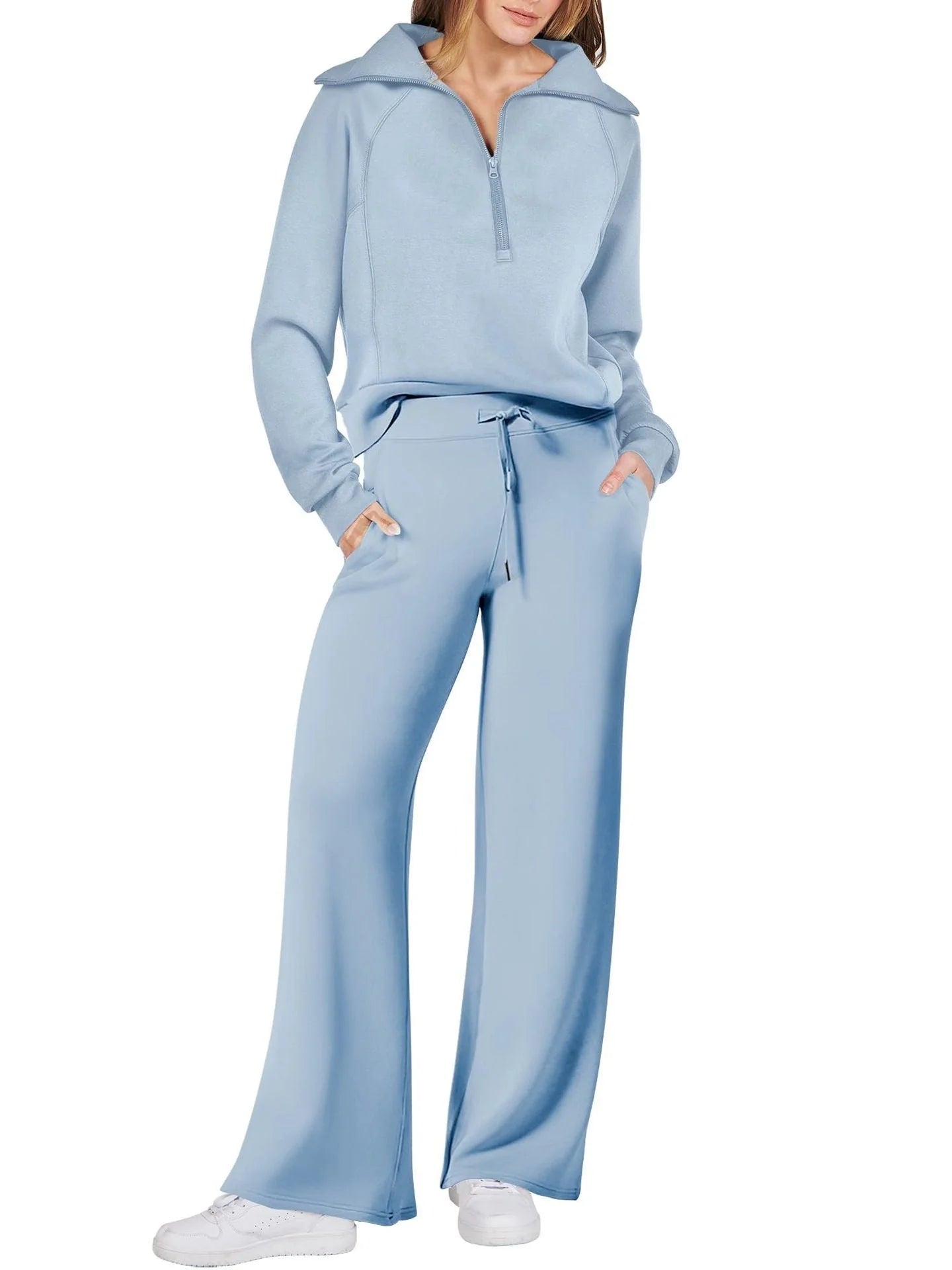 Women's leisure sports suit with long-sleeve zipper sweatshirt and wide leg pants in various colours