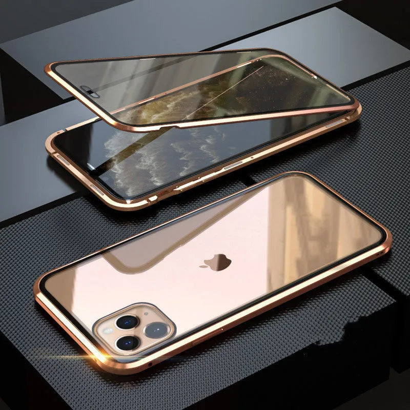Glass anti-spy clamshell phone case in multiple colours for iPhone models.