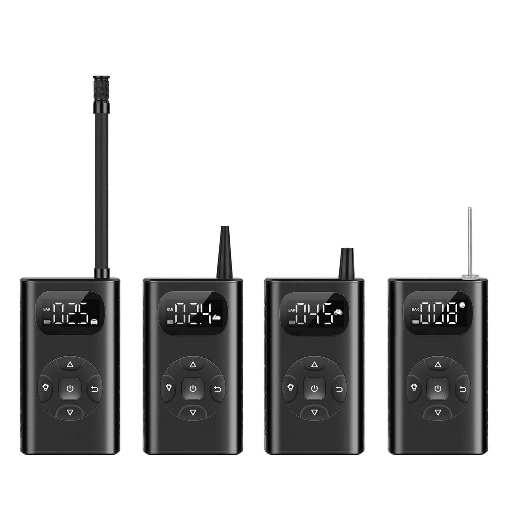 Black portable power bank and digital air compressor unit for tyre inflation, model M09X, with USB cable.
