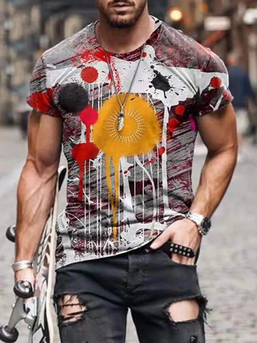 Man wearing a loose fit camouflage print short sleeve t-shirt in milk silk polyester.