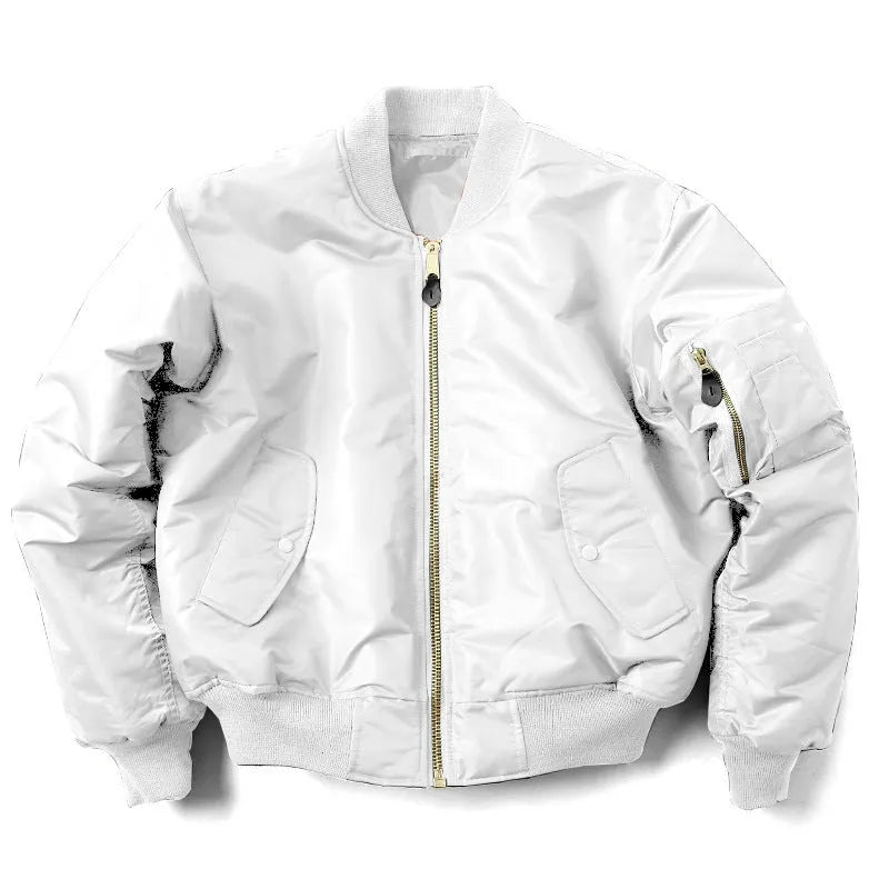 Men's loose fit nylon pilot jacket in Army Green shown on a hanger.