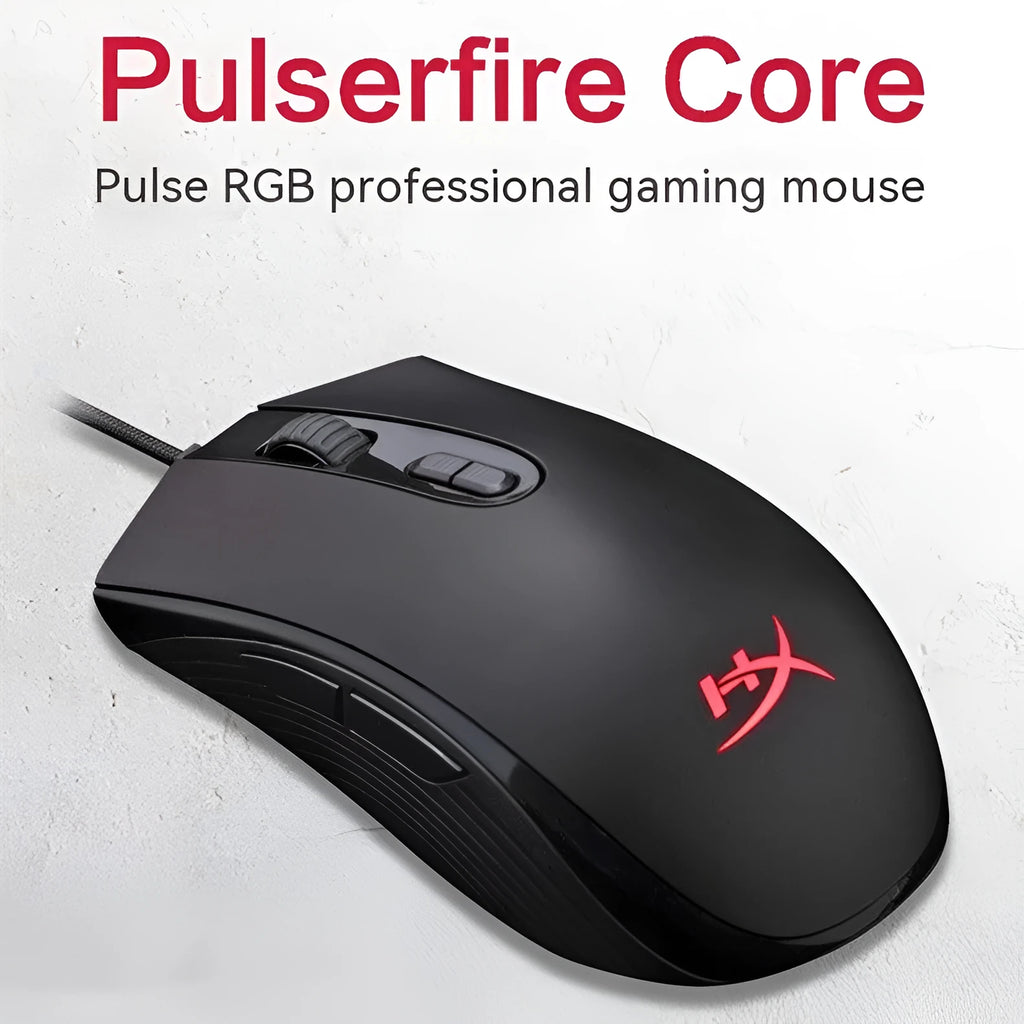 HyperX Pulsefire Core wired RGB gaming mouse in black and pink colour options on a desk.