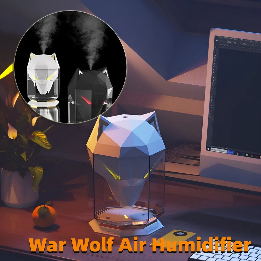 War Wolf desktop ultrasonic humidifier with chrome finish and colourful LED lights.