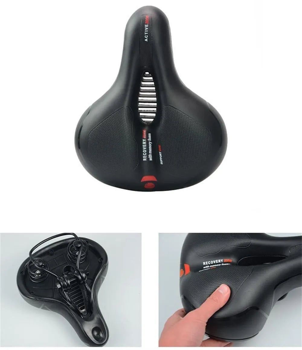Bicycle saddle cushion with soft silicone top, PU leather cover, and included wrench and repair kit.