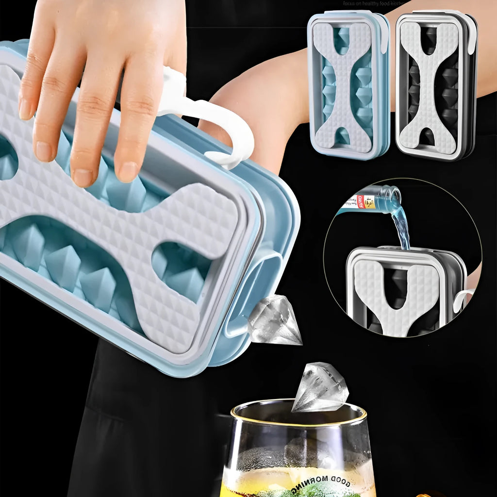 Silicone ice ball mould bottle in light grey, showing integrated ice tray and bottle with lid.
