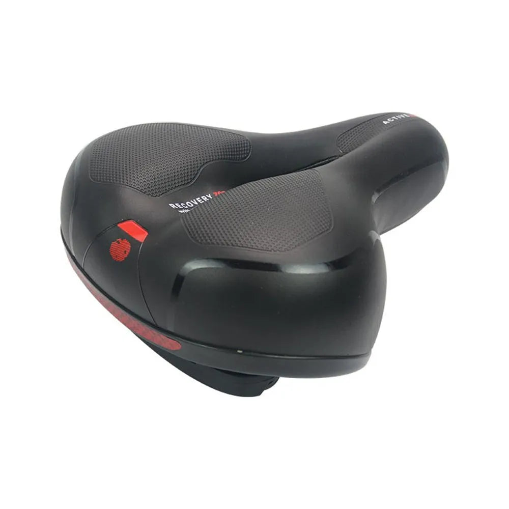 Bicycle saddle cushion with soft silicone top, PU leather cover, and included wrench and repair kit.