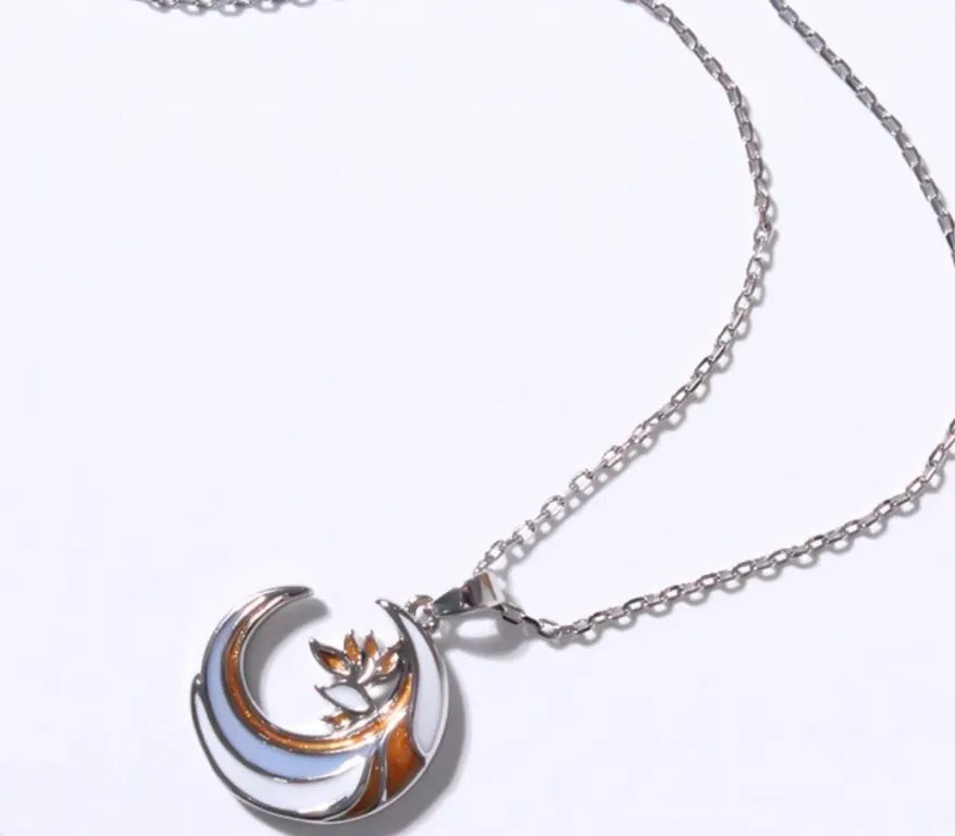 Handmade gold enamel crescent moon pendant necklace on clavicle chain