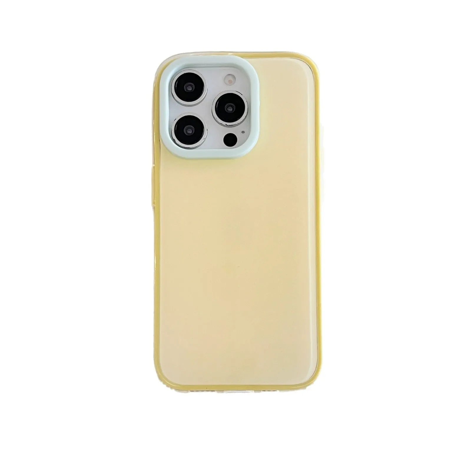 Clear jelly iPhone phone case in solid blue colour on an iPhone, showing bumper-style all-inclusive protection.