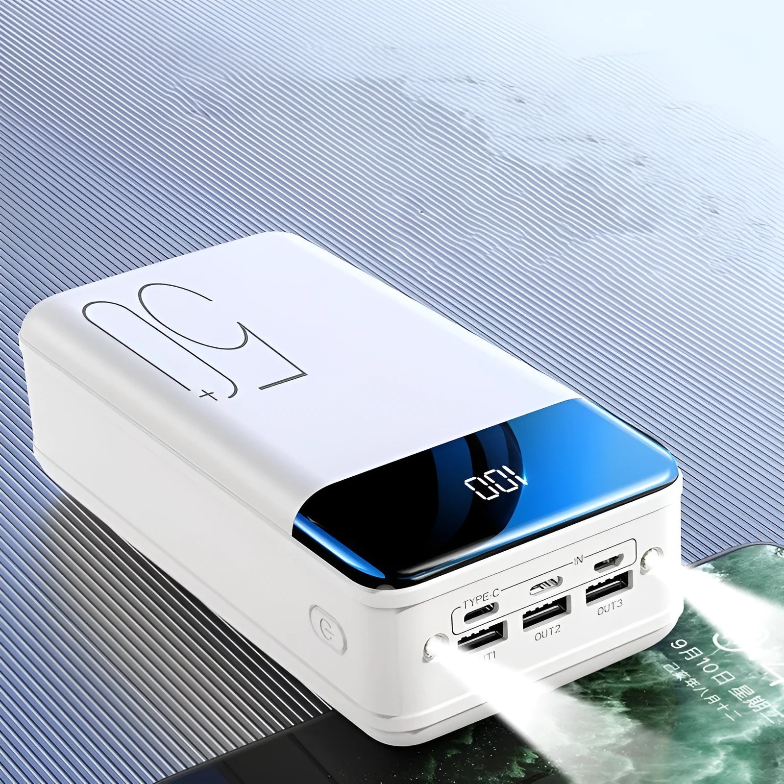 Black and white large 50000mAh power bank with multiple USB ports