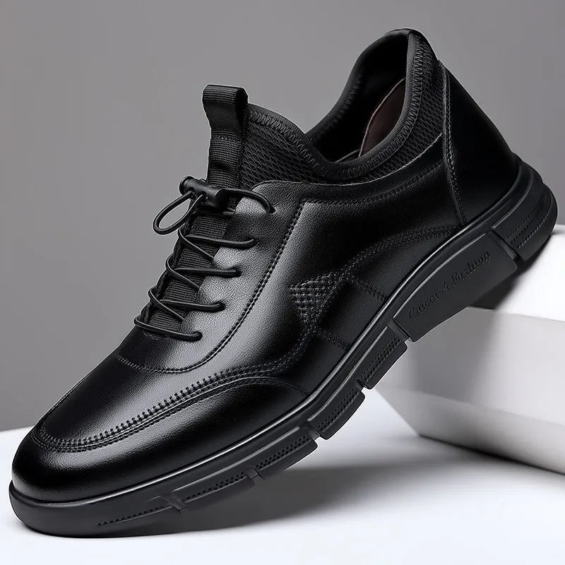 Black men's casual leather shoes with a round toe, square low heel, and a stitched leather upper on a rubber sole.