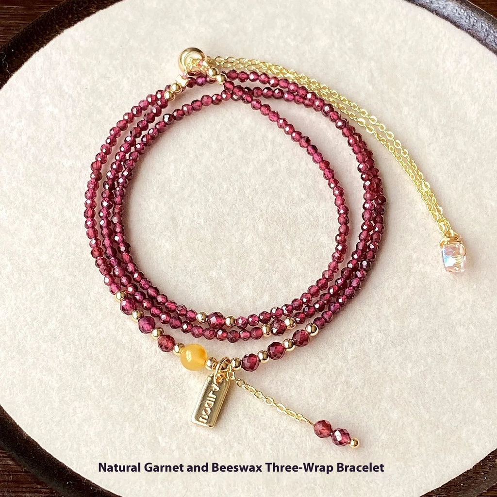 Wine red garnet bracelet necklace with beeswax cut surface texture on 2.5mm beads