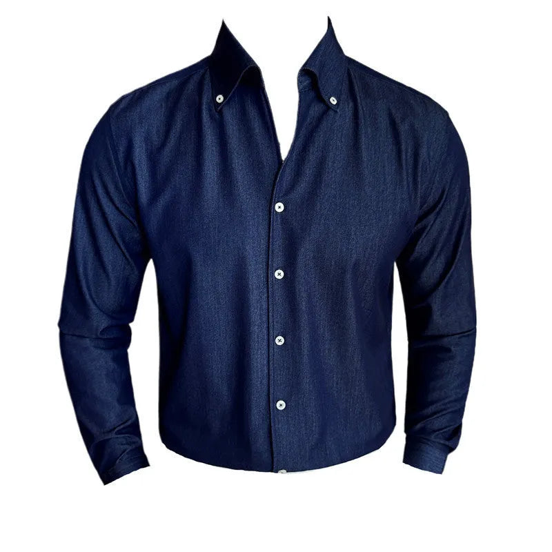 Men's slim fit long sleeve denim shirt in solid black, blue, or white colour.