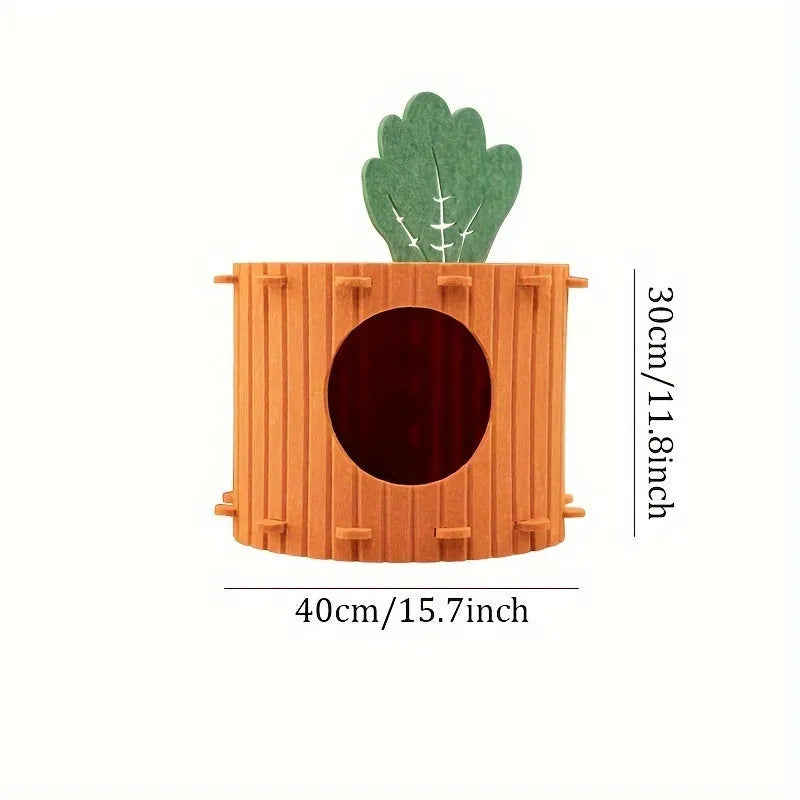 Carrot-shaped felt cat tunnel nest with semi-enclosed design and drilled pattern
