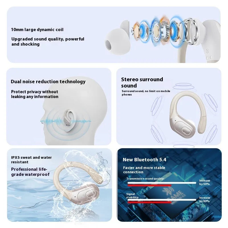 Wireless ear hook headset in black with digital display, stereo noise reduction, sports waterproof design