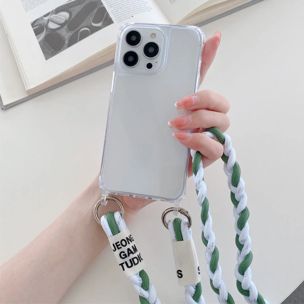 Woven fabric silicone phone case with cross-body lanyard in pink, purple, or antique white colours