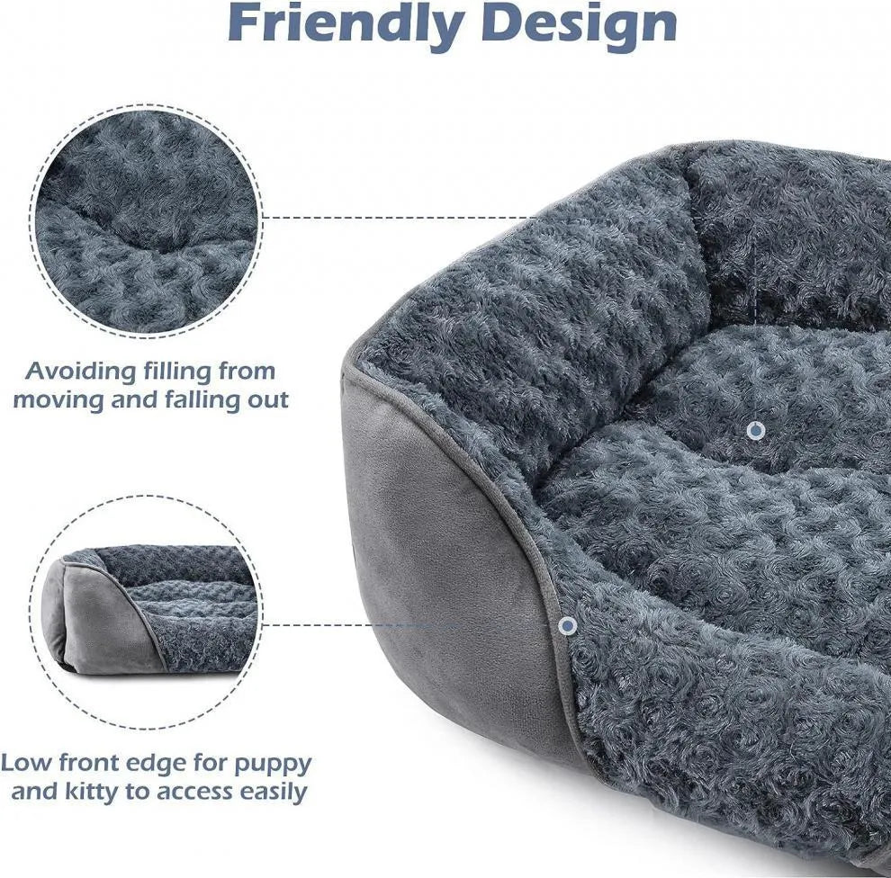 Grey stuffed fabric kennel dog bed for large dogs on a wooden floor