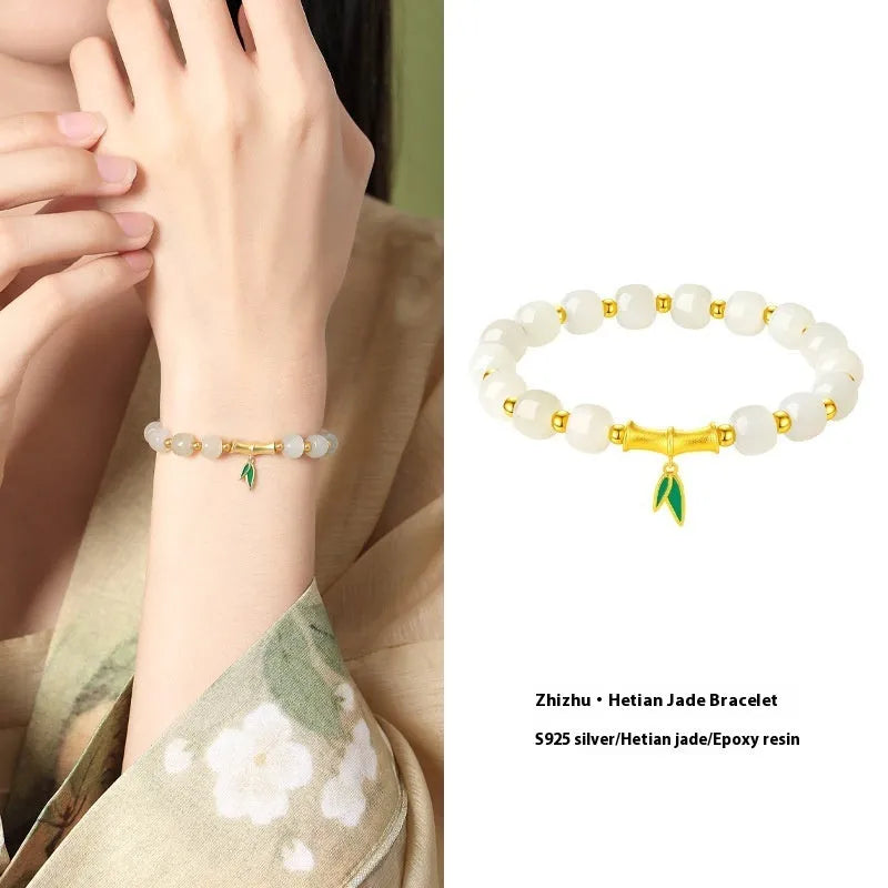 S925 sterling silver bracelet with natural Hetian jade beads carved with bamboo leaf motifs