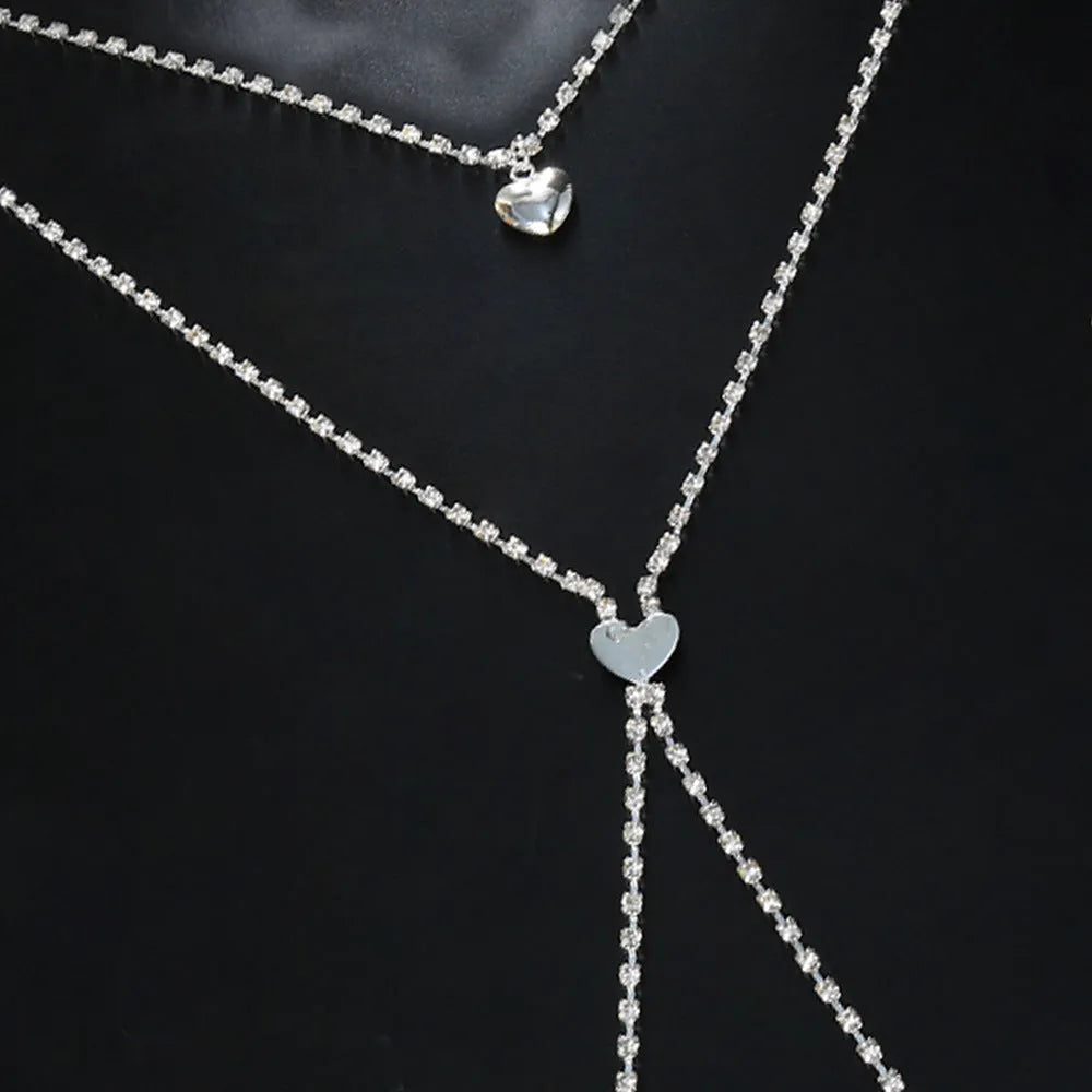 Women's rhinestone heart-shaped body chain jewellery in gold or silver electroplated finish