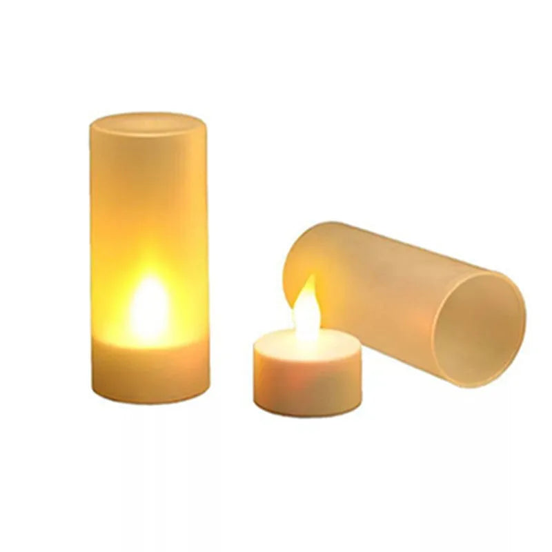 White plastic USB rechargeable LED candle lamp with flickering flame on plastic cup.