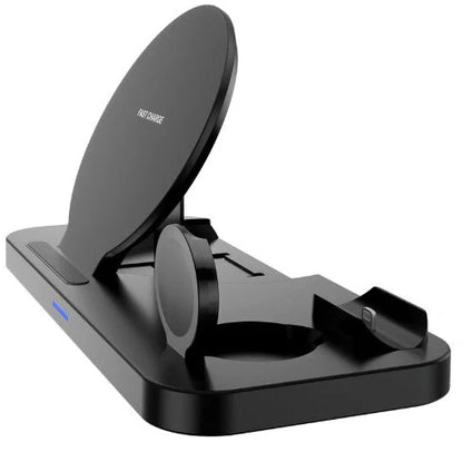 Black 3-in-1 wireless fast charger showing iPhone, Apple Watch and AirPods charging simultaneously on 210mm × 130mm surface